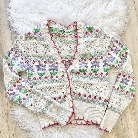 Zara Sweaters - Zara Cottage Core Pastel Floral Crochet Cardigan Small 22-3179